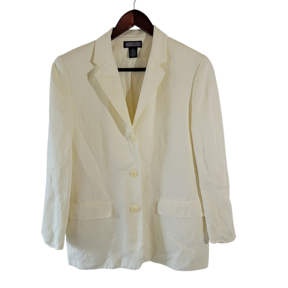 LANDS'END White/Ivory Linen Blend Blazer Sz 12 Single Breasted Office Old Money